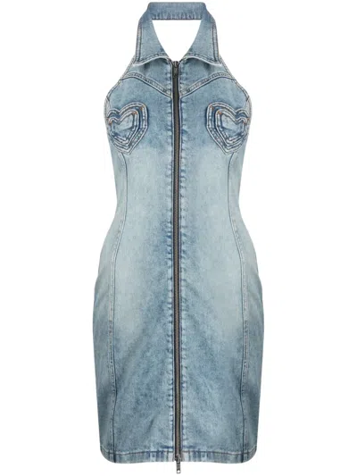 Moschino Heart-panels Denim Minidress In 蓝色