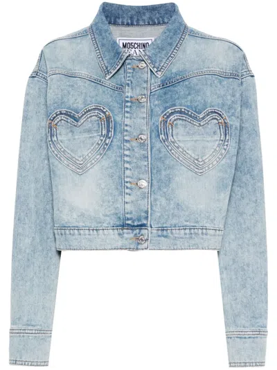 Moschino Heart-pockets Cropped Denim Jacket In 蓝色