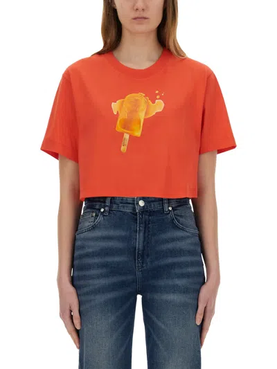 Moschino Jeans Ice-cream Print Cropped T-shirt In Red