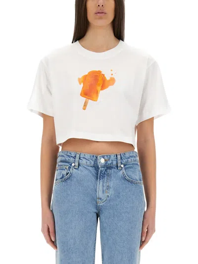 Moschino Jeans Ice-cream Print Cropped T-shirt In White