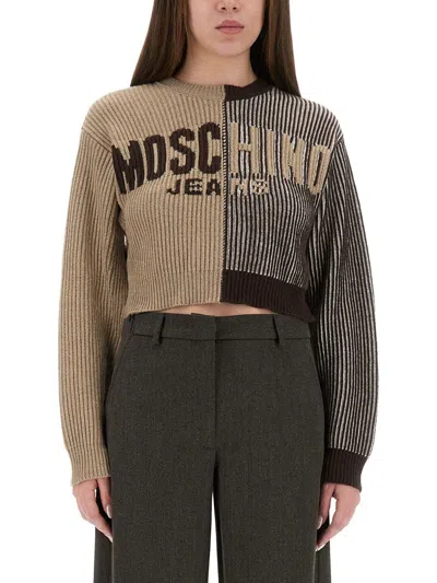 Moschino Jeans Inlay Logo Jersey In Brown