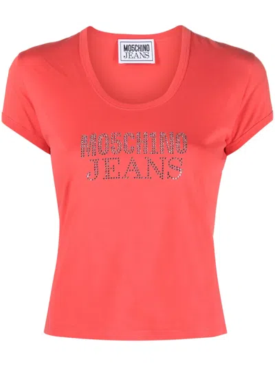 Moschino Jeans Logo-embellished Cotton T-shirt In Pink