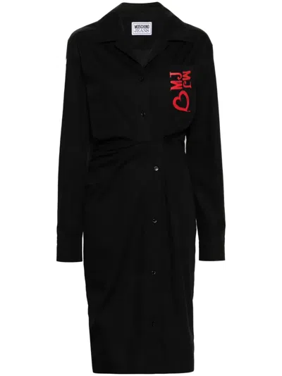 Moschino Logo-embroidered Poplin Midi Dress In Black