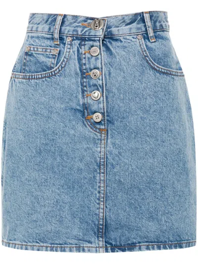 Moschino Logo-engraved Buttons Denim Skirt In Blue