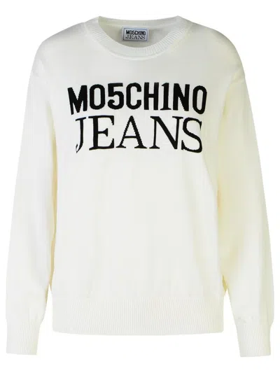 Moschino Jeans Logo Intarsia Crewneck Jumper In White