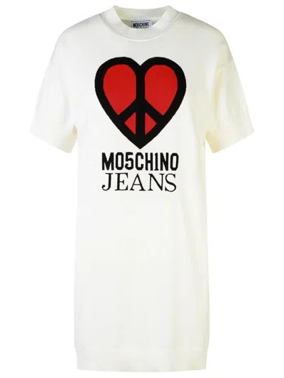 Moschino Jeans Logo Intarsia Crewneck Knitted Dress In White