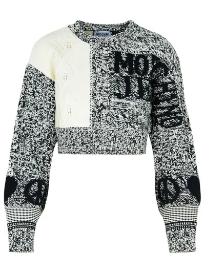 Moschino Jeans Patch White Cotton Blend Sweater In Multi