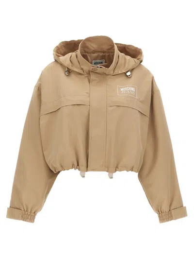 Moschino Jeans Logo Printed Cropped Jacket In Brown