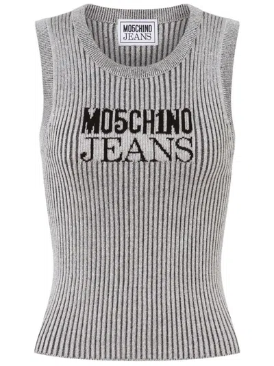 Moschino Jeans Logo Knitted Top In Silver