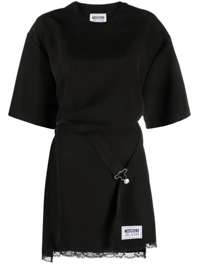 Moschino Jeans Logo-patch Buckled Shirt Dress In Black