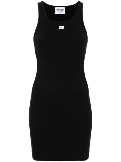 Moschino Jeans Logo-patch Fine-ribbed Minidress In Black