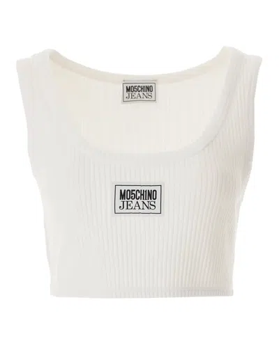 Moschino Jeans Logo Patch Ribbed Cropped Top In White
