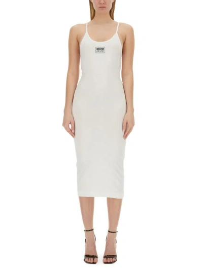 Moschino Jeans Logo Patch Sleeveless Ribbed Midi Dress In White