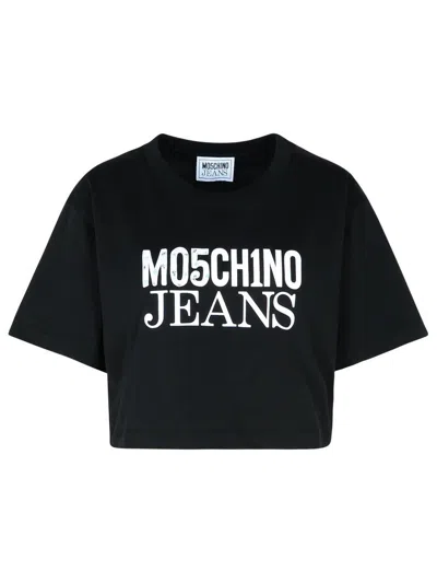 Moschino Jeans Logo-print Cotton Cropped T-shirt In Black