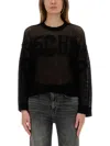 Moschino Logo Mesh Oversize Crew Neck Shirt In Black