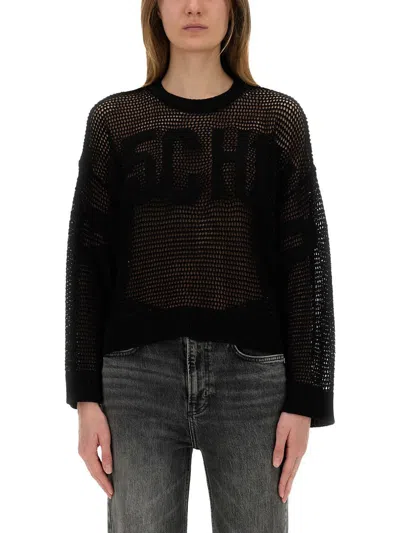 Moschino Jeans Mesh Shirt With Logo In Black