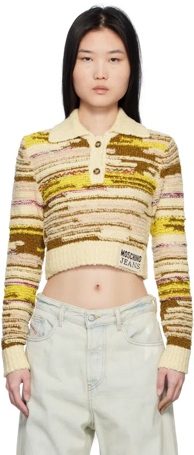 Moschino Jeans Multicolor Cropped Cotton & Nylon Pullover Polo In 1002 Multi White