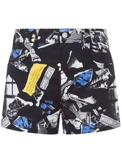 Moschino Newspaper Clipping-print Shorts In Black