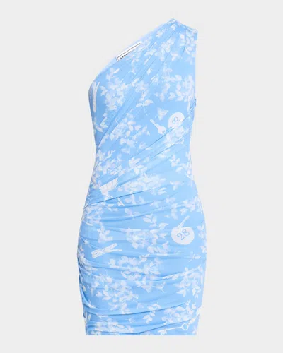 Moschino Jeans One-shoulder Printed Tulle Mini Dress In Multi Light Blue