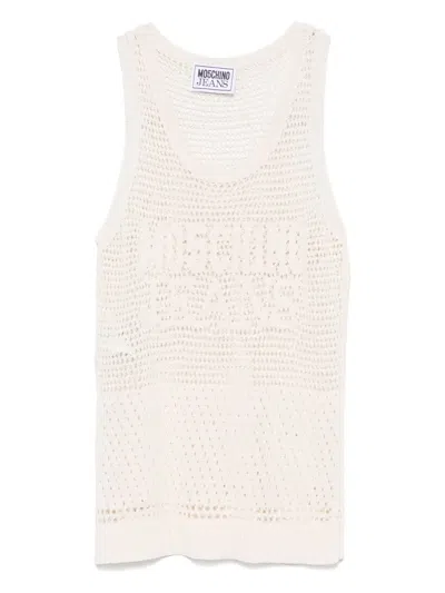 Moschino Jeans Mesh Top With Logo In Neutral