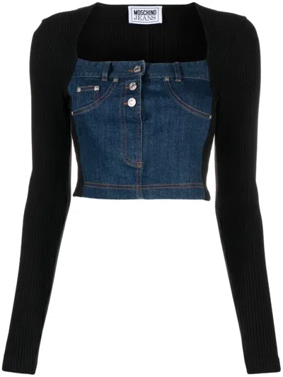 Moschino Jeans Panelled Denim Knitted Crop Top In Black