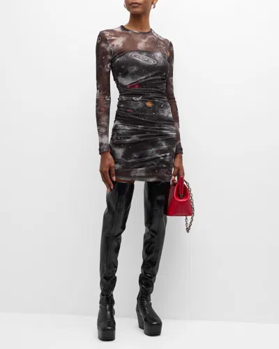 Moschino Printed Long-sleeve Mini Dress In Grey