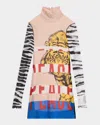 Moschino Printed Mesh Turtleneck Mini Dress In Multi