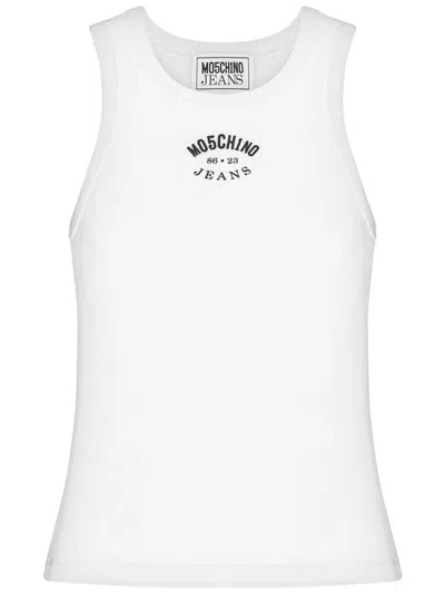 Moschino Stretch Cotton Tank Top With Logo In White