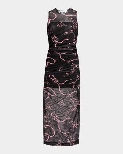 Moschino Jeans Ruched Floral Tulle Midi Dress In Multi Black