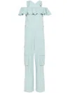 Moschino Jeans Ruffle-detail Cold-shoulder Jumpsuit In Blue