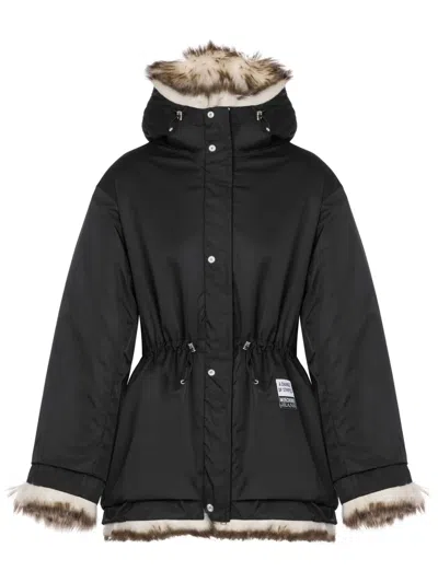 Moschino Jeans Shearling-trim Hooded Jacket In Neutrals