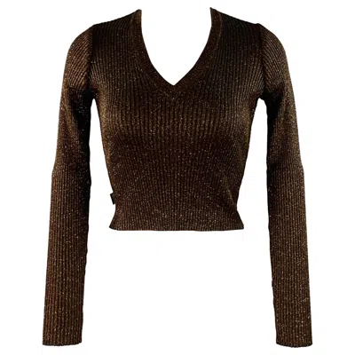 Pre-owned Moschino Jeans Size 6 Brown Gold Acetate Blend Rib Knit V-neck Pullover