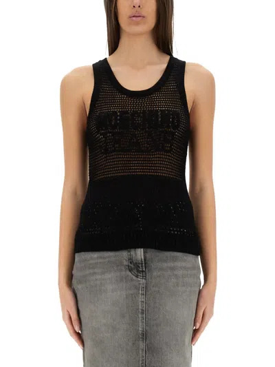 Moschino Jeans Slim Fit Mesh Top With Logo In Black