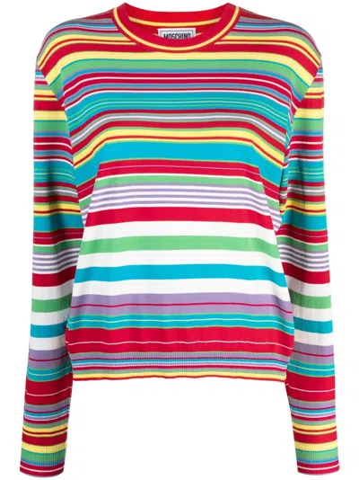 Moschino Jeans Stripe-pattern Logo-patch Jumper In Red