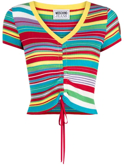 Moschino Jeans Stripe-pattern V-neck Top In Red