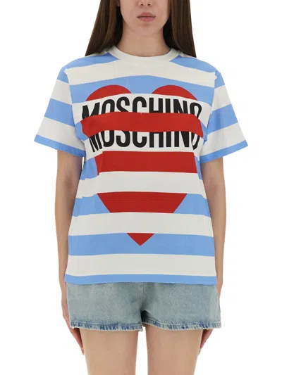 Moschino Striped Crew Neck Graphic Print Top In White