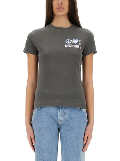 Moschino Jeans Slim Fit Logo T-shirt In Gray
