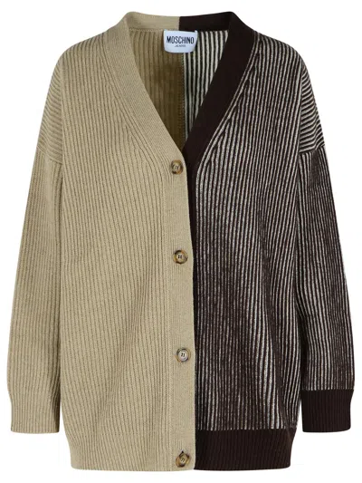 Moschino Jeans Two Tone Cashmere Blend Cardigan In Brown