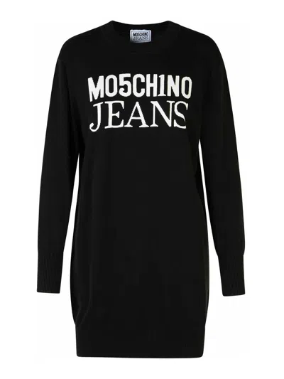 Moschino Jeans Logo Intarsia-knit Minidress In Negro