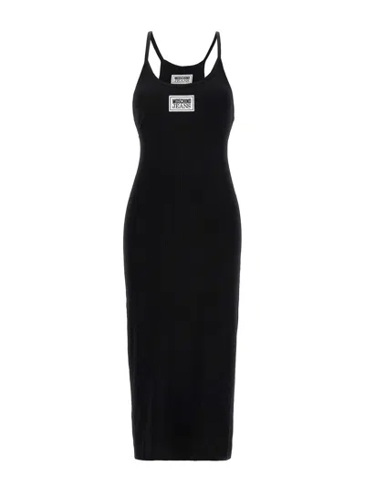 Moschino Jeans Logo-patch Ribbed Midi Dress In Black