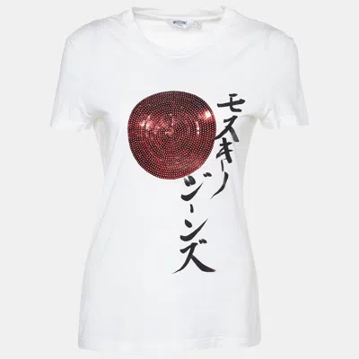 Moschino Jeans White Embellished & Printed Cotton Knit T-shirt