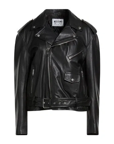 Moschino Jeans Woman Jacket Black Size 6 Leather In Multi