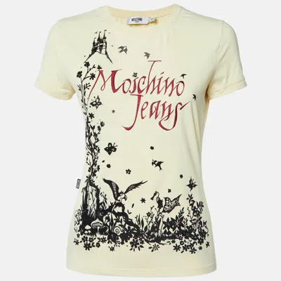 Moschino Jeans Yellow Logo Embroidery And Flock Print Jersey T-shirt In White