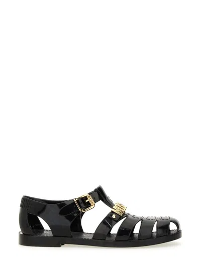 Moschino Logo-plaque Buckle Sandals In Black