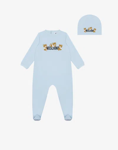 Moschino Babies' Jersey Romper And Hat Set Teddy Bear In Blue