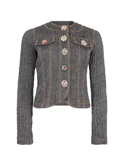 Moschino Jewel-embellished Crinkled Denim Jacket In Gray