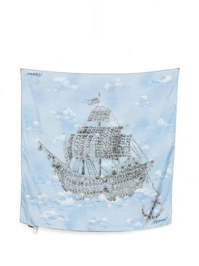 Moschino Jewelled Ship-print Scarf In Blue