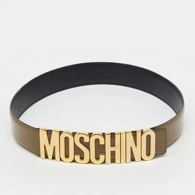 Pre-owned Moschino Khaki Brown Glossy Leather Classic Logo Belt 75cm