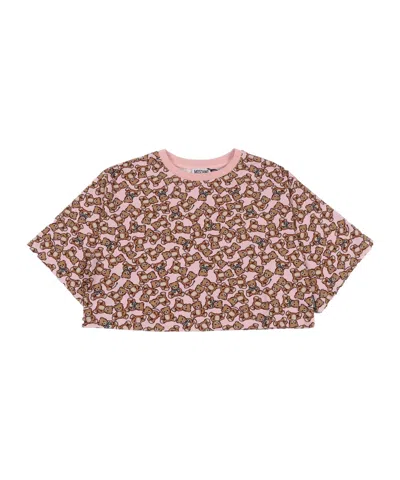 Moschino Kids All-over Printed Cropped T-shirt In Pink