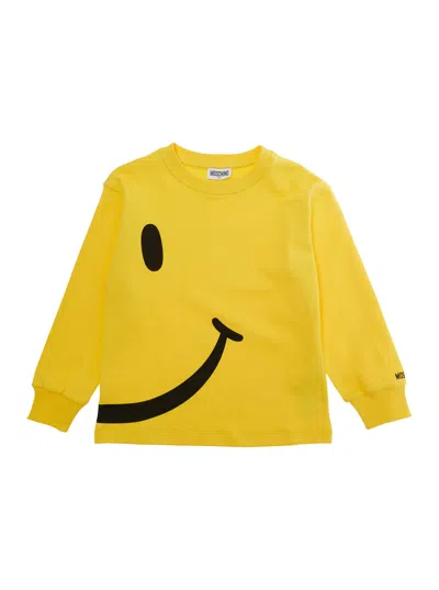 Moschino Kids Baby Boy Cotton Hoodie With Fixed Hood And Front Logo Print In Yellow